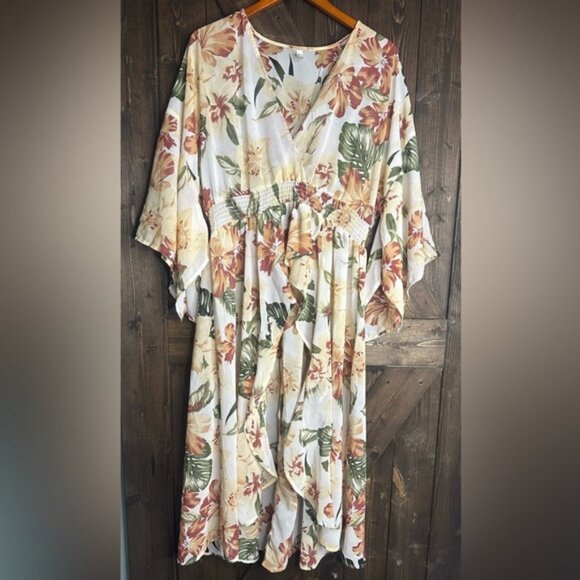 EUC•Live4Truth•1x•made in India•sheer•Hi LoCream color floral bell sleeve top - Picture 1 of 5